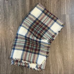 Cozy Plaid Fringe Scarf in Cream, Blue & Burgundy